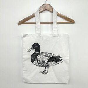 Duck Tote Bag White Canvas Floral Bird Cottagecore Indie Nature Market‎ Bag
